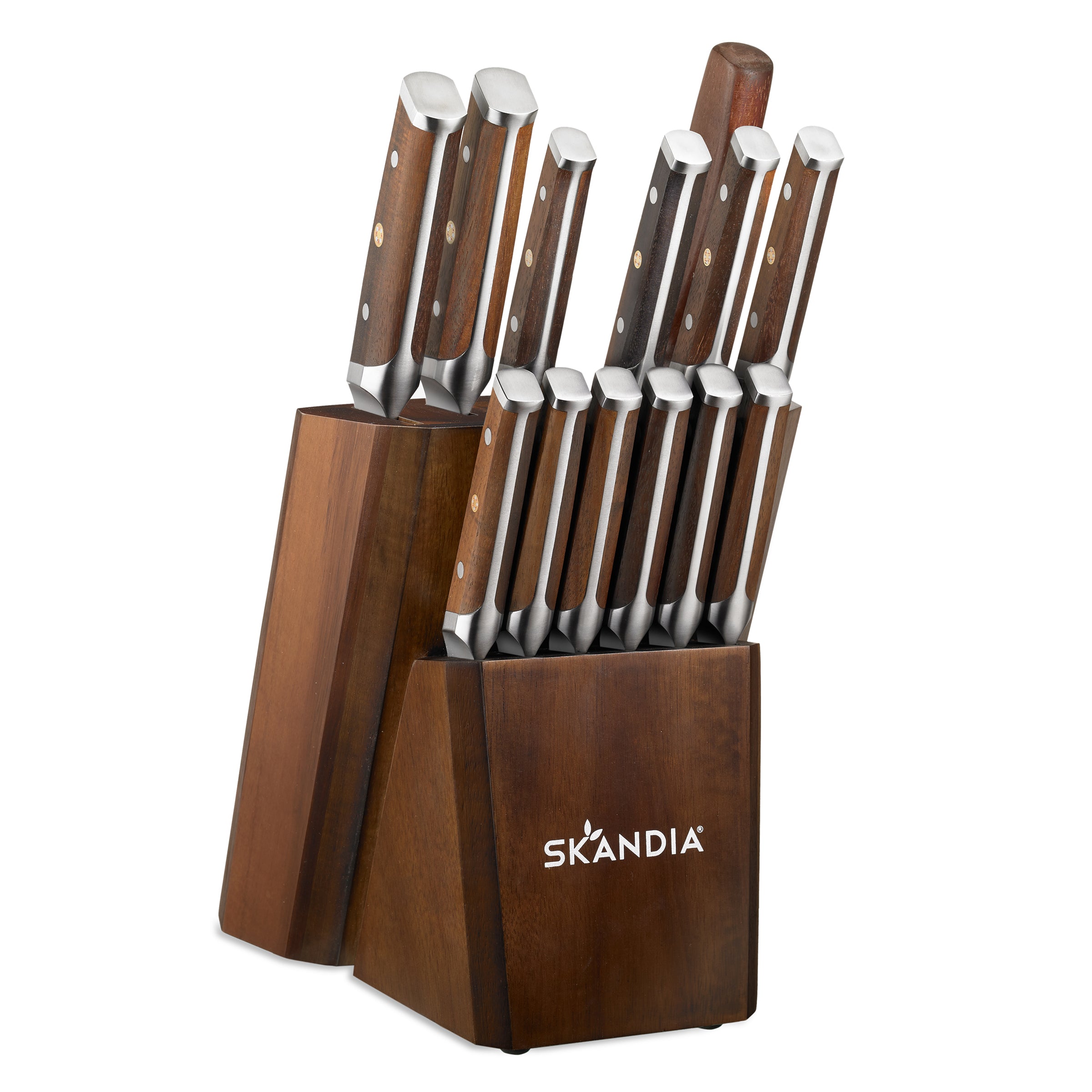 Cream Stainless Steel Cutlery Set w/Acacia Wood Block - 14 Pc by