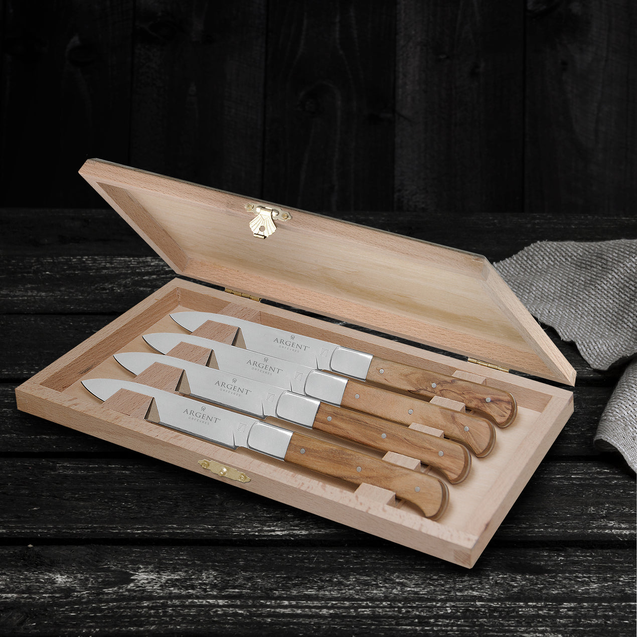 LionSteel 4 Piece Steak Knife Set in Wooden Gift Box, Olive Wood Handle